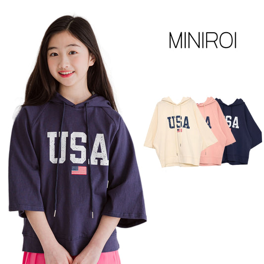 MINIROI ガールズ Tシャツ フード付き 7分袖 かわいい オシャレ 春夏秋冬 ダンス カジュアル ルームウェア 薄手 韓国子供服 110cm 120cm 130cm 140cm 150cm