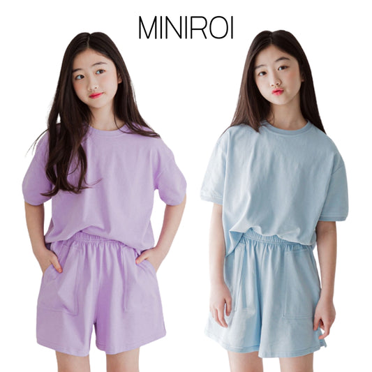 MINIROI 上下2点セット 無地 クルーネック Tシャツ 短パン キッズ セットアップ 女の子 春夏 パステルカラー やわらかい おしゃれ 通学 韓国子供服 110cm 120cm 130cm 140cm 150cm