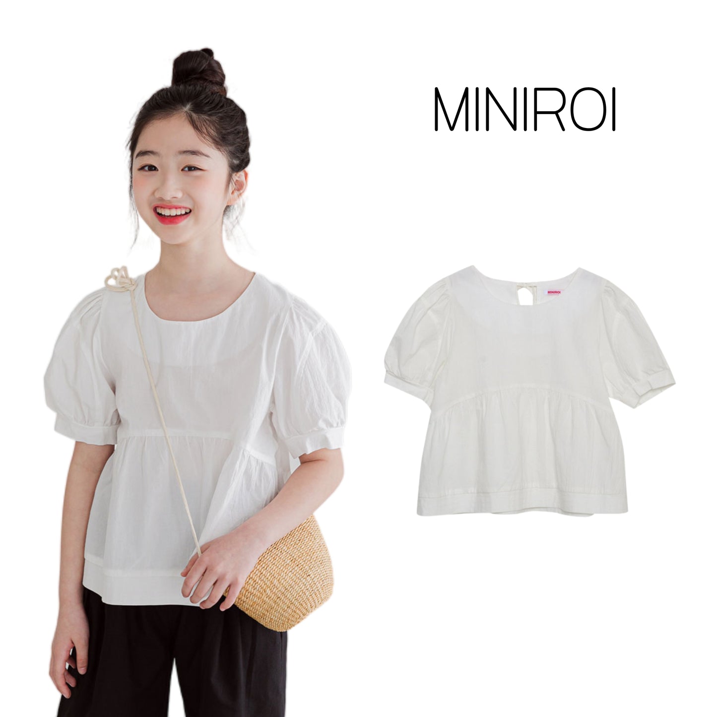 MINIROI ガールズブラウス 白 ナチュラル 半袖 ふんわり袖 パフ袖 涼しい 春夏 お出かけ着 かわいい コットン 韓国子供服 110cm 120cm 130cm 140cm 150cm