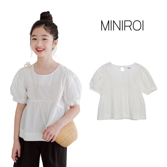 MINIROI ガールズブラウス 白 ナチュラル 半袖 ふんわり袖 パフ袖 涼しい 春夏 お出かけ着 かわいい コットン 韓国子供服 110cm 120cm 130cm 140cm 150cm