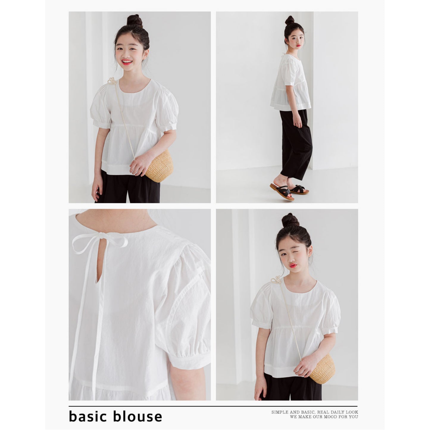 MINIROI ガールズブラウス 白 ナチュラル 半袖 ふんわり袖 パフ袖 涼しい 春夏 お出かけ着 かわいい コットン 韓国子供服 110cm 120cm 130cm 140cm 150cm