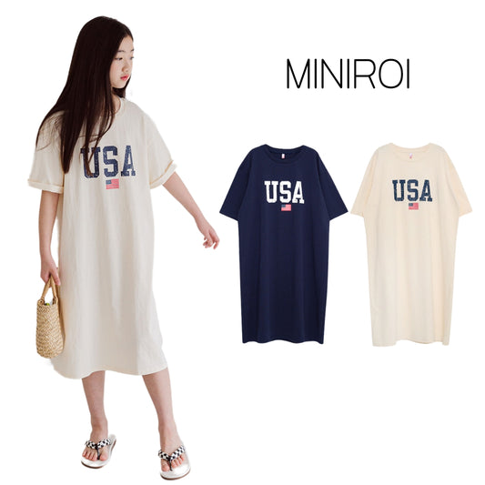 MINIROI Tシャツ素材 ワンピース ひざ丈 半袖 女の子 春夏 カジュアル 快適 かわいい USAプリント 韓国子供服 110cm 120cm 130cm 140cm 150cm