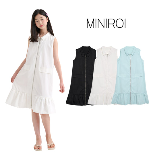 MINIROI 襟付き ノースリーブ サマーワンピース 女の子 ひざ丈 ファスナー 着脱簡単 春夏 涼しい おしゃれ かわいい 韓国子供服 110cm 120cm 130cm 140cm 150cm