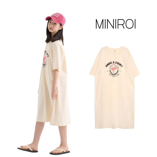 MINIROI Tシャツワンピース 女の子 ひざ丈 六分袖 ダボっと ゆったり 春夏 カジュアル 楽ちん ルームウェア おしゃれ かわいい 韓国子供服 110cm 120cm 130cm 140cm 150cm