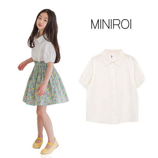 MINIROI ホワイト 襟あり ブラウス 女の子 ガールズ 春夏 バルーン袖 綿100% おしゃれ トップス 小学生 中学生 おすすめ 韓国風子供服 110cm 120cm 130cm 140cm 150cm
