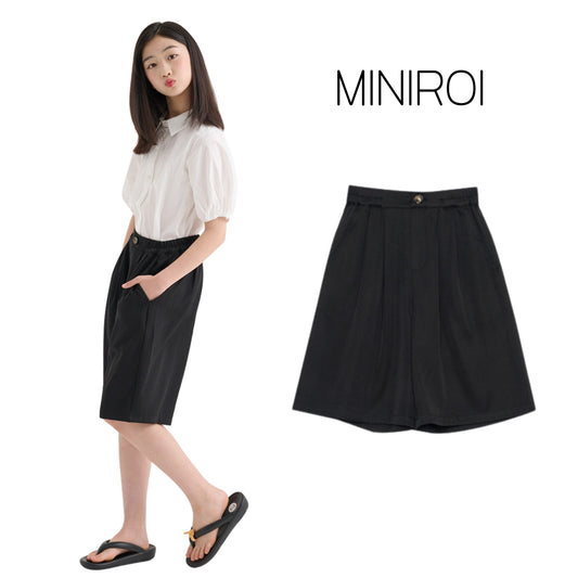 MINIROI ひざ丈パンツ 女の子 春夏 ブラック ウエストゴム ハイウエスト風 動きやすい おしゃれ かわいい 通学 通園 韓国子供服 110cm 120cm 130cm 140cm 150cm